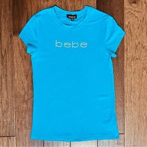 Bebe Turquoise Blue Short Sleeve Tee with Rhinestones M